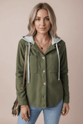 Drawstring Button Up Long Sleeve Hooded Jacket - CELIVINE