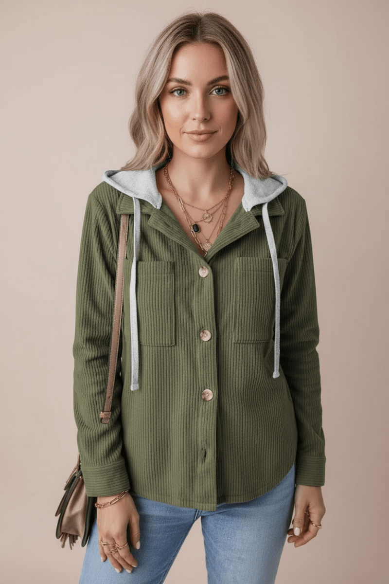 Drawstring Button Up Long Sleeve Hooded Jacket - CELIVINE