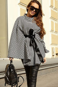 Houndstooth Tie Waist Trench Coat - CELIVINE