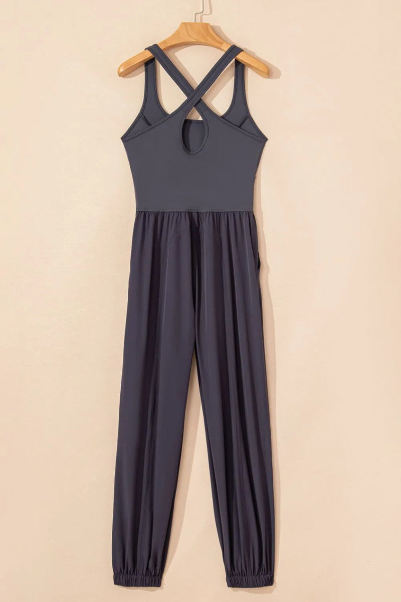 Cutout Square Neck Wide Strap Active Jumpsuit - CELIVINE