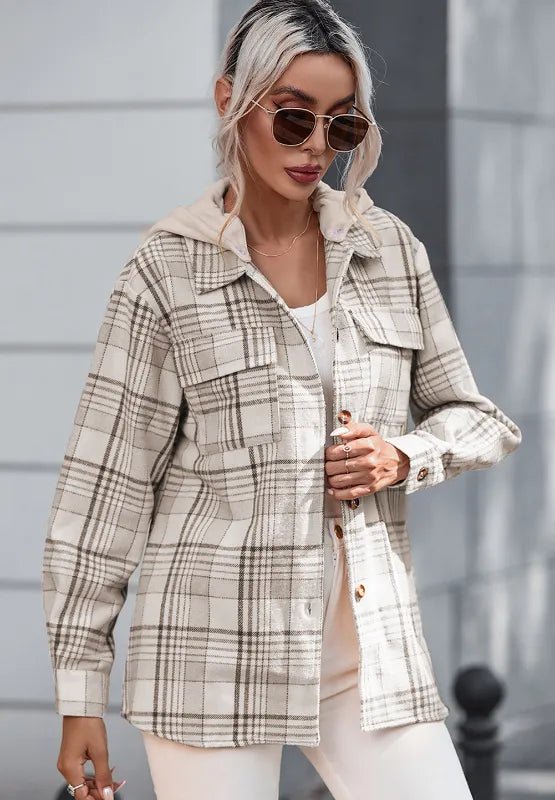 Plaid Removable Hood Button Up Shacket - CELIVINE