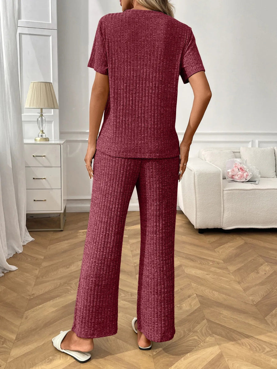 Ribbed Knit Short Sleeve Top and Pants Lounge Set - CELIVINE