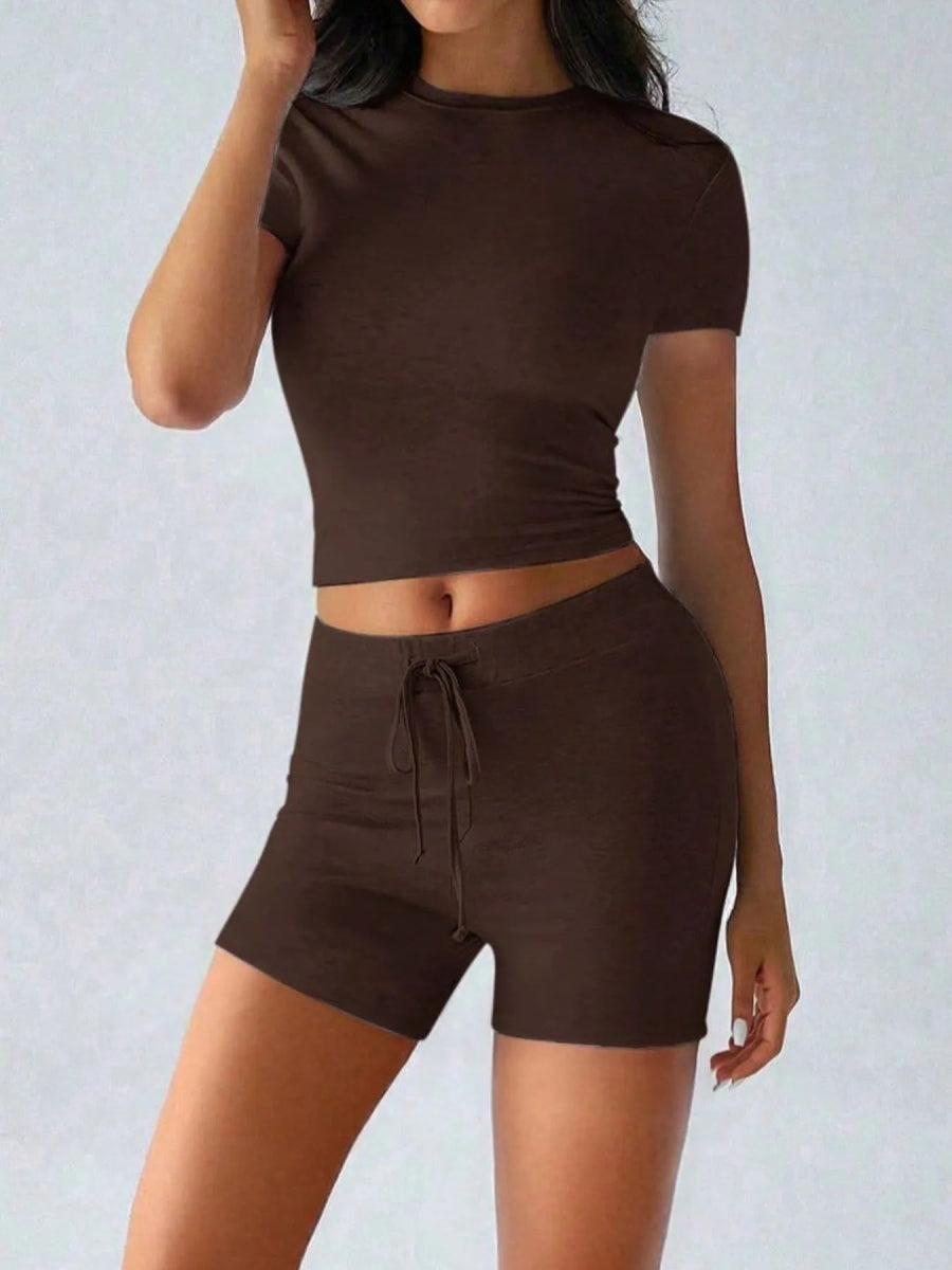Round Neck Short Sleeve Top and Shorts Set - CELIVINE