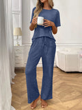 Ribbed Knit Short Sleeve Top and Pants Lounge Set - CELIVINE