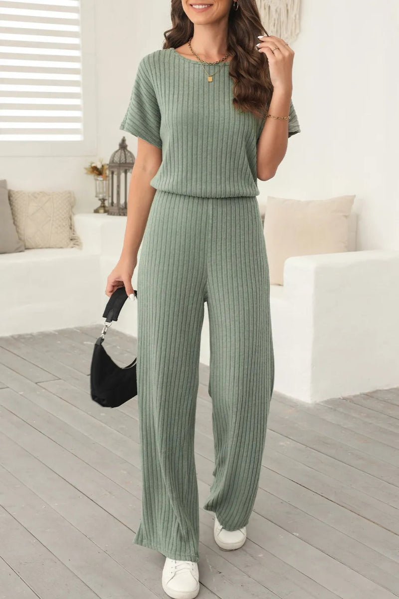 Ribbed Short Sleeve Wide Leg Jumpsuit - CELIVINE