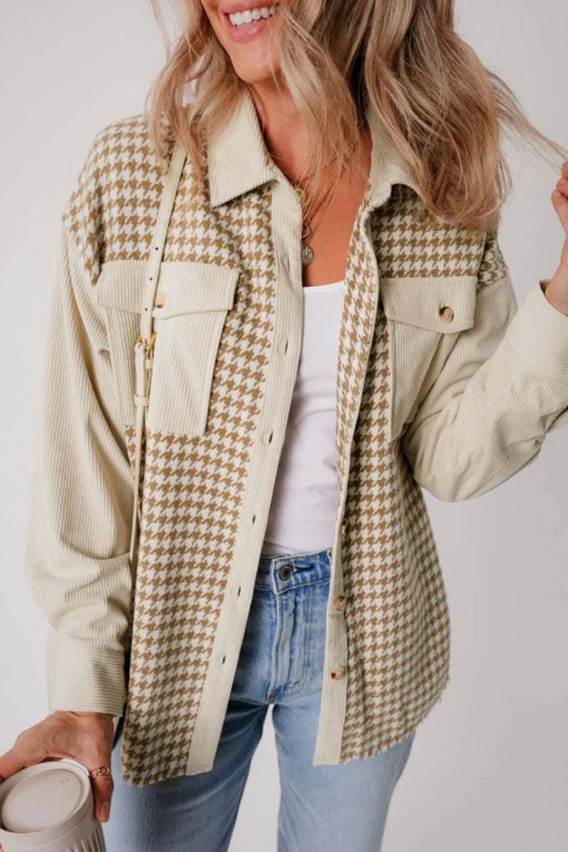 Houndstooth Button Up Long Sleeve Jacket - CELIVINE