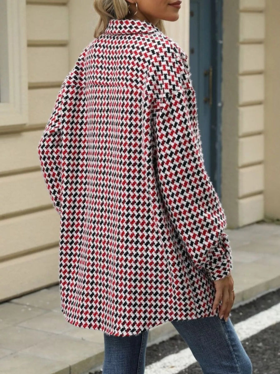 Houndstooth Button Up Long Sleeve Coat - CELIVINE