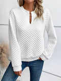 Quilted Texture Long Sleeve Sweatshirt with Notched Neck - CELIVINE