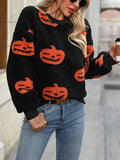 Fuzzy Pumpkin Round Neck Dropped Shoulder Sweater - CELIVINE