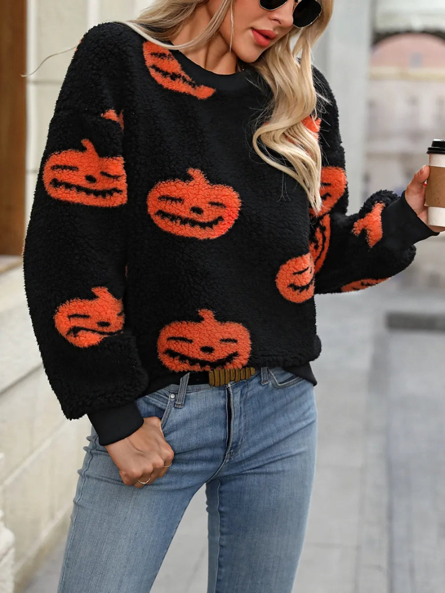 Fuzzy Pumpkin Round Neck Dropped Shoulder Sweater - CELIVINE