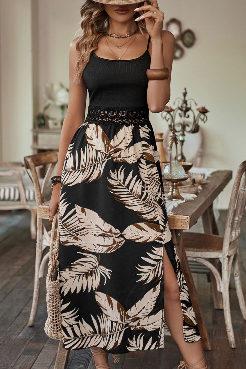 Printed Sleeveless Scoop Neck Slit Dress - CELIVINE