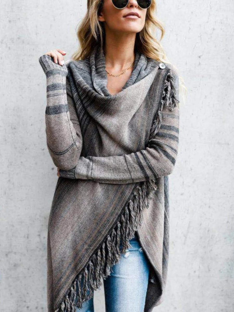 Fringe Long Sleeve Wrap Cardigan - CELIVINE