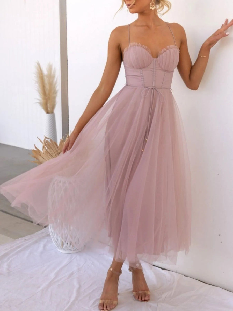 Sweetheart Neck Tulle Midi Dress - CELIVINE