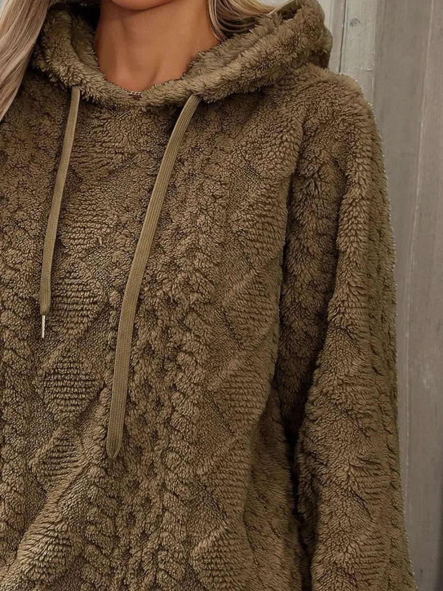 Drawstring Long Sleeve Plush Hoodie - CELIVINE