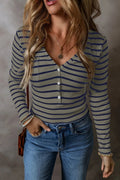Striped V - Neck Long Sleeve Top - CELIVINE