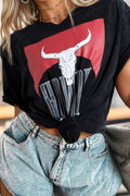 Western HOWDY Steer Head Print Side Slits Loose Fit T Shirt - CELIVINE