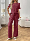 Ribbed Knit Short Sleeve Top and Pants Lounge Set - CELIVINE