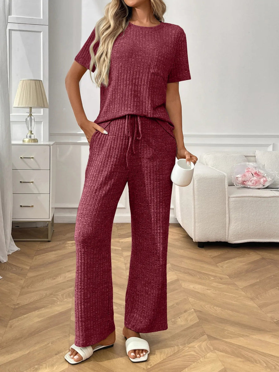 Ribbed Knit Short Sleeve Top and Pants Lounge Set - CELIVINE
