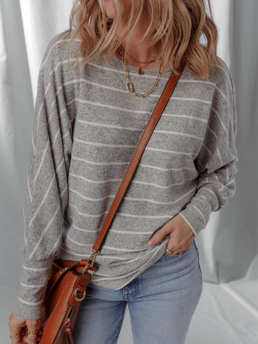 Stripe Dolman Sleeve Drop Shoulder Top - CELIVINE