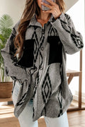 Pocketed Geometric Collared Neck Button Down Shacket - CELIVINE