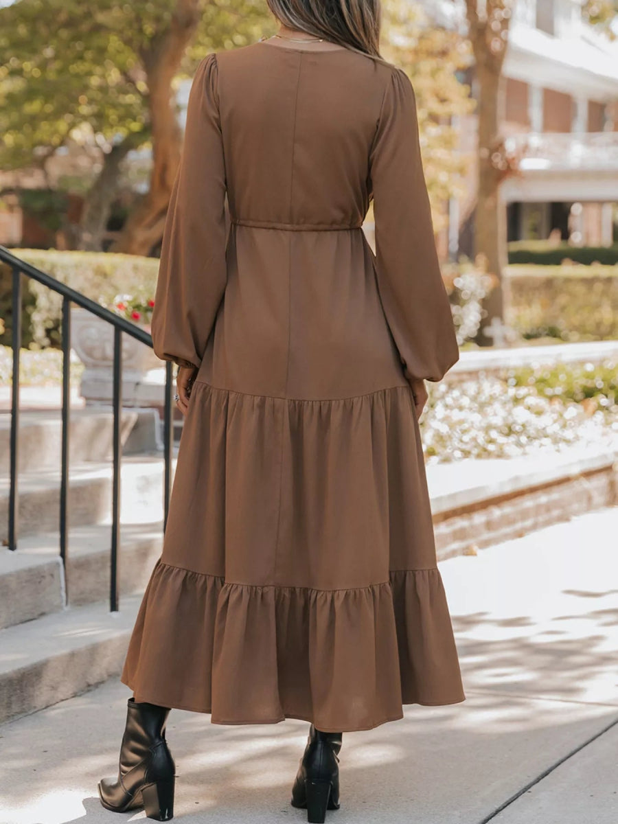 V - Neck Balloon Sleeve Tiered Dress - CELIVINE