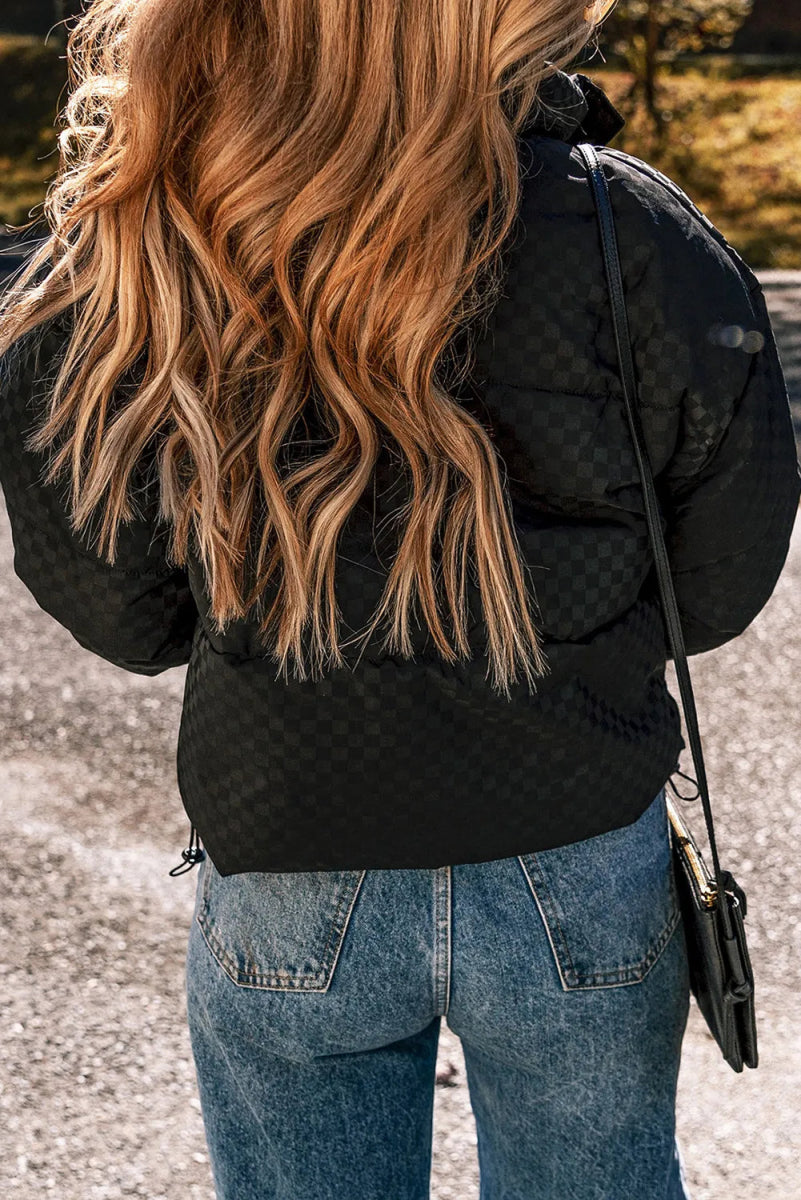 Checkered Turtleneck Zip Up Long Sleeve Winter Coat - CELIVINE