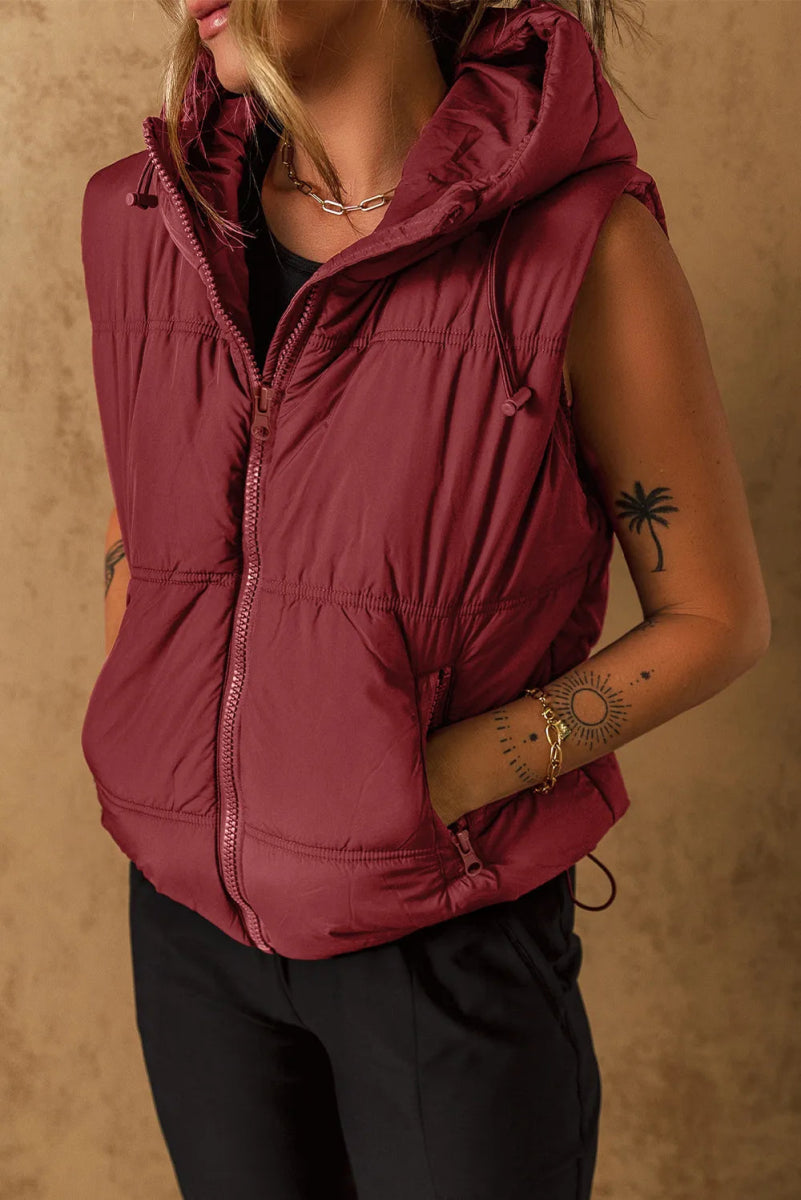 Drawstring Zip Up Hooded Vest Coat - CELIVINE