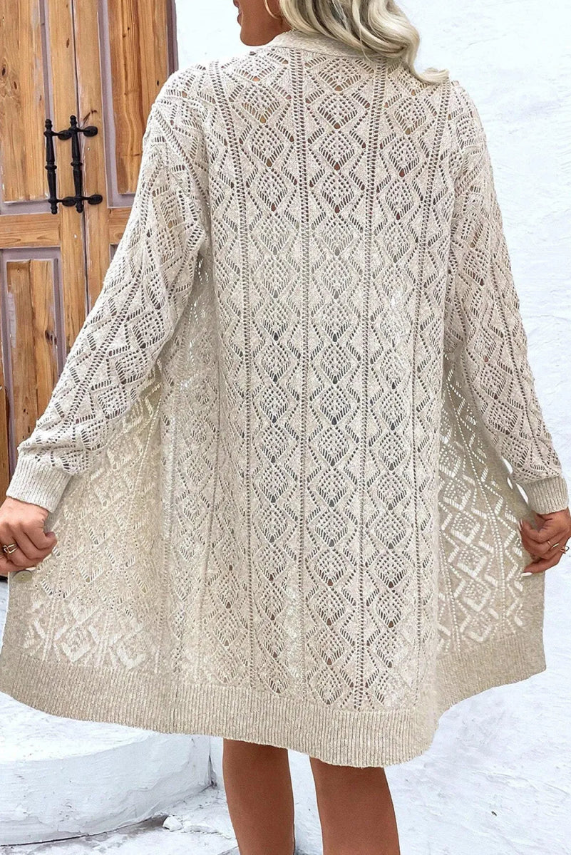 Openwork Button Down Long Sleeve Cardigan - CELIVINE