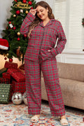 Plus Size Plaid Collared Neck Top and Pants Lounge Set - CELIVINE