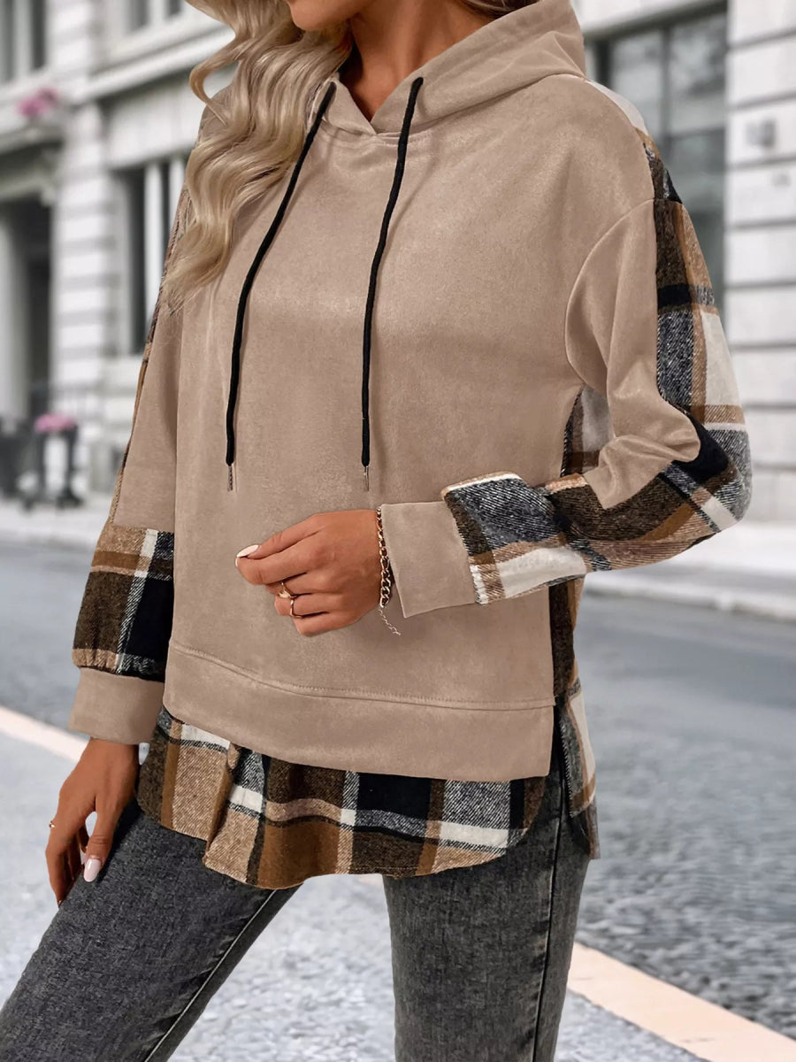 Plaid Drawstring Long Sleeve Hoodie - CELIVINE