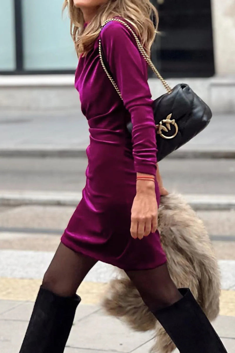 Ruched Mock Neck Long Sleeve Dress - CELIVINE