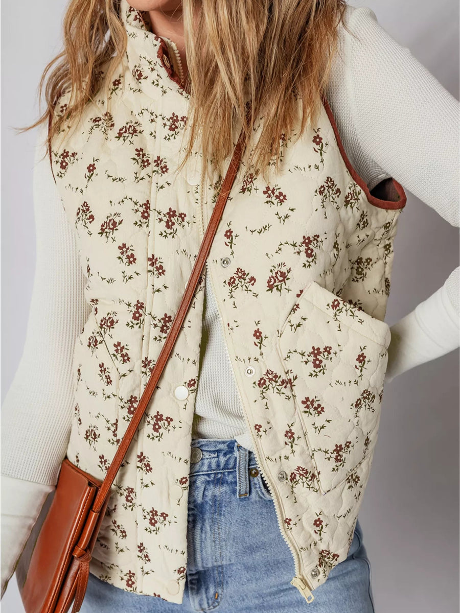 Floral Print Zip Up Quilted Vest - CELIVINE