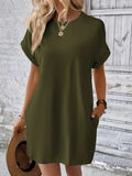 Pocketed Round Neck Short Sleeve Dress - CELIVINE
