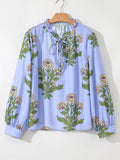 Floral Print Long Sleeve Tie Neck Blouse - CELIVINE