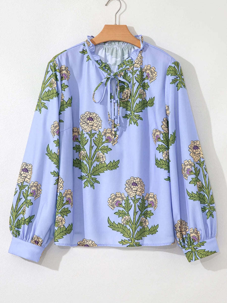 Floral Print Long Sleeve Tie Neck Blouse - CELIVINE