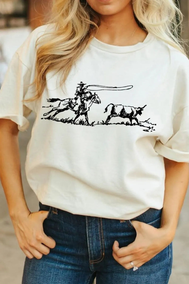 Western Rodeo Graphic Round Neck T Shirt - CELIVINE
