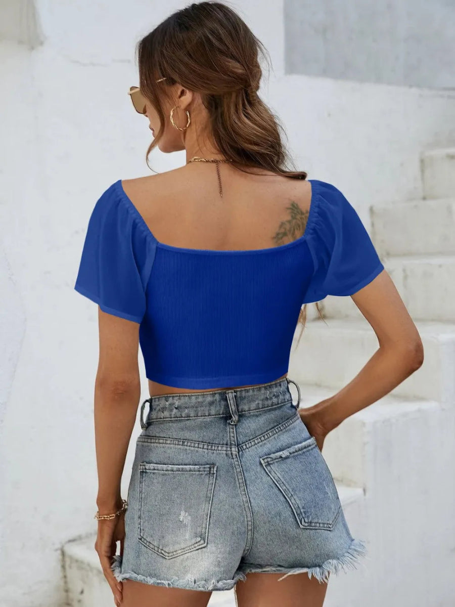 Drawstring Short Sleeve Crop Top - CELIVINE