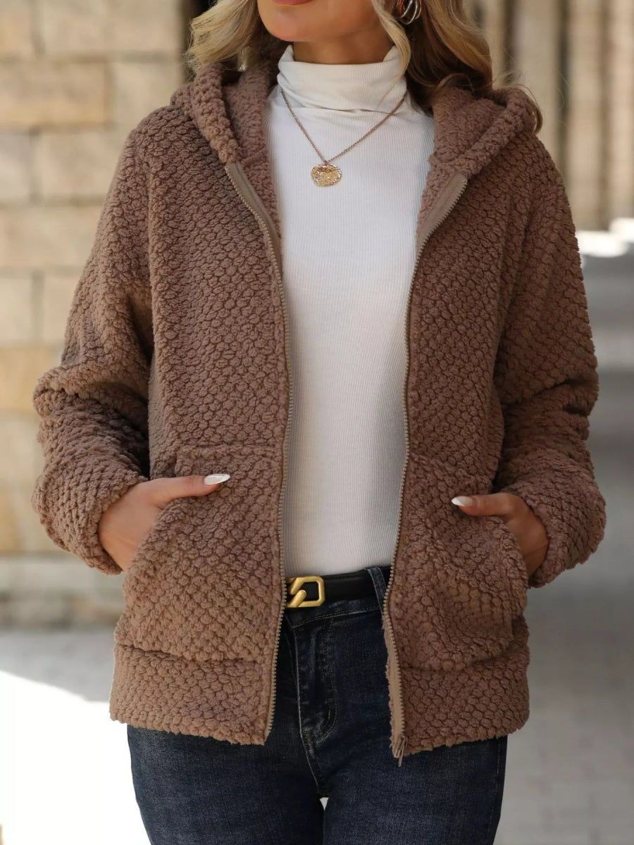 Textured Knit Zip - Up Hooded Outerwear - CELIVINE