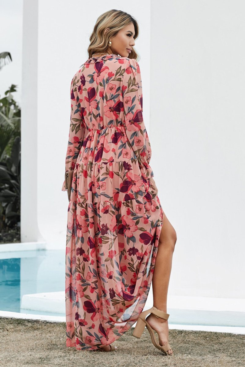 Floral Frill Trim Flounce Sleeve Plunge Maxi Dress - CELIVINE