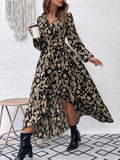 Leopard Surplice Balloon Sleeve Dress - CELIVINE