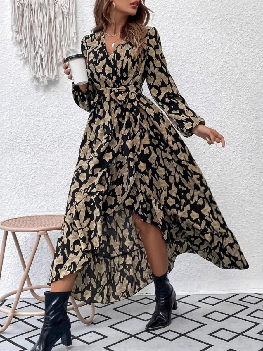 Leopard Surplice Balloon Sleeve Dress - CELIVINE