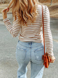 Striped Textured Knit Long Sleeve Tee - CELIVINE