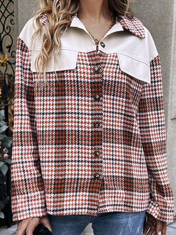 Plaid Collared Neck Drop Shoulder Jacket - CELIVINE