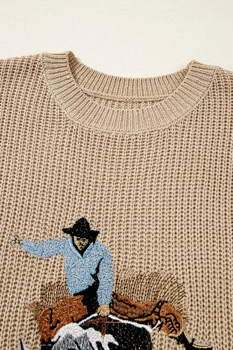 Western Cowboy Embroidery Round Neck Sleeveless Sweater - CELIVINE