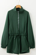 Drawstring Half Zip Long Sleeve Romper - CELIVINE