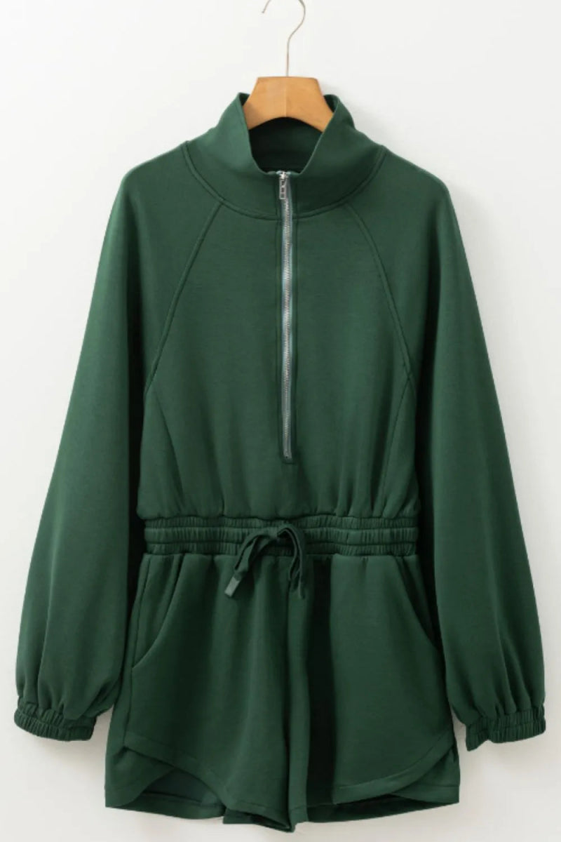 Drawstring Half Zip Long Sleeve Romper - CELIVINE