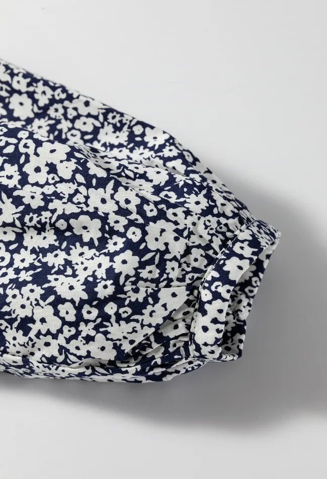 Floral Print Notched Long Sleeve Blouse - CELIVINE