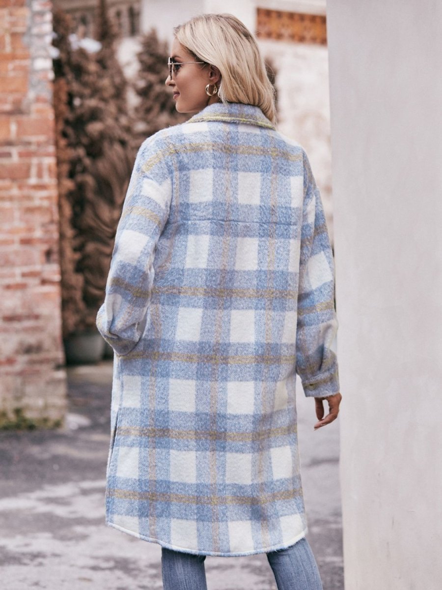 Mandy Plaid Dropped Shoulder Slit Coat - CELIVINE