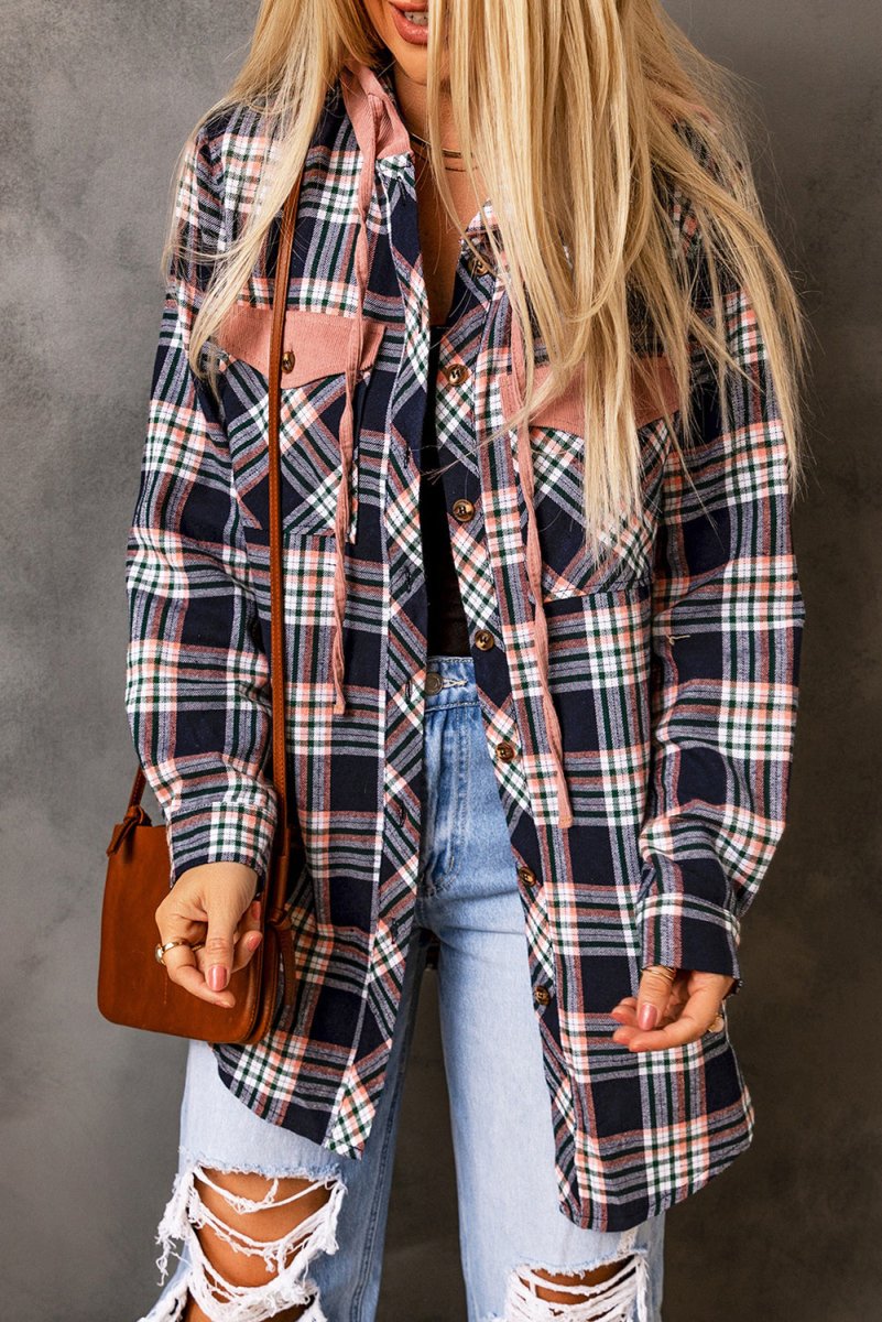 Plaid Drawstring Hooded Jacket with Pockets - CELIVINE