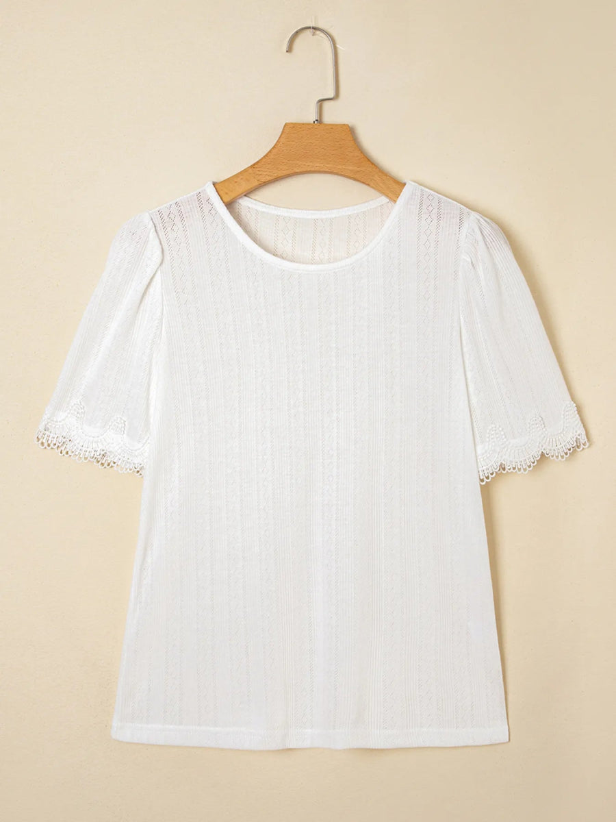 Scalloped Lace Trim Jacquard Textured T Shirt - CELIVINE